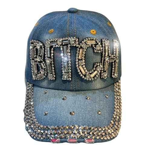 Popfizzy Bling Hat for Women, Rhinestone Baseball Cap, Bedazzled Distressed Denim Hat, Fun Birthday Gifts for Women and Girls