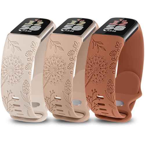 Minyee 3 Packs Floral Engraved Band Compatible with Fitbit Charge 6 Bands/Fitbit Charge 5 Bands Women, Cute Soft Silicone Dandelion Flower Pattern Sport Designer Fancy Summer Strap for Charge 6/5