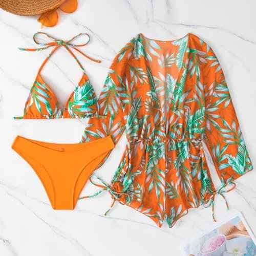 3 Piece Swimsuits for Women Sexy Leaf Print Bikini Set with Tummy Control Mesh Cover Up Tropical Swimsuits XS-XXL
