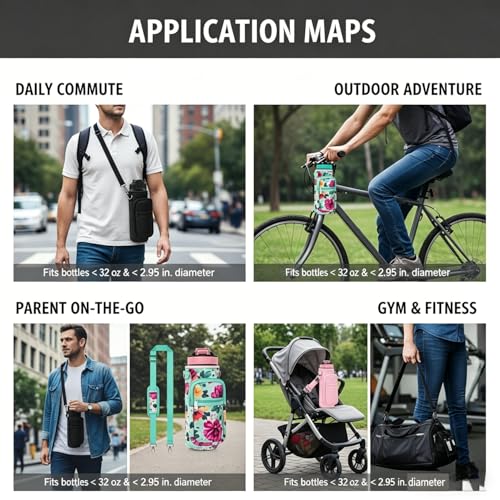 Pink 32oz Water Bottle Sling Bag with Storage Pockets & Adjustable Strap for Hiking & Gym