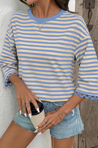 Dokotoo Women's Oversized Striped Sweatshirt Long Sleeve Crewneck X-Large Sky Blue