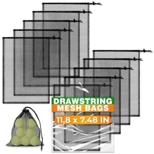 10 Pcs Small Mesh Drawstring Bags - Black, 11.8 x 7.48 Inches, Polyester, S Size
