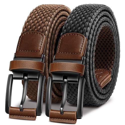 Men Reversible Braided Web Belt 1 3/8 Inch with Gift Box - Black & Light Brown, Adjustable Waist 30-34 Inches