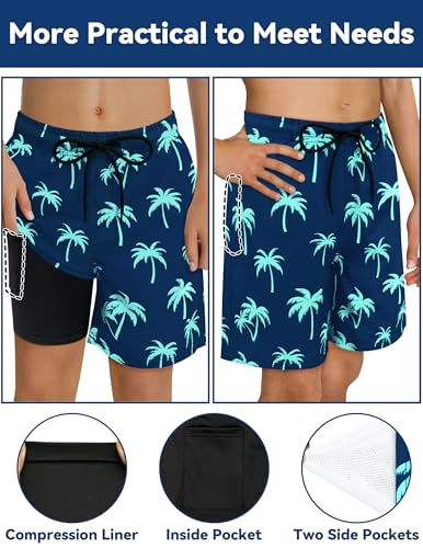 Kids Boys Swim Trunks with Compression Liner - Navy Green Coconut Palms, 14-16 Years