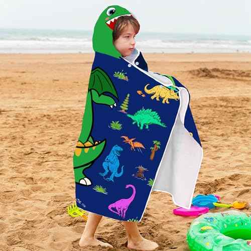 Dinosaur Hooded Beach Towel for Boys, Soft & Absorbent T-Rex Dinosaur Poncho Towel, 30¡±x50¡± Green Blue Bathrobe for Kids Cool Cartoon, Quick Dry Swim, Pool, and Bath Time