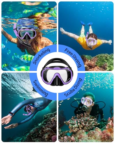 Purple Adult Snorkel Set with Panoramic Mask and Dry Snorkel - Anti-Fog, Anti-Leak