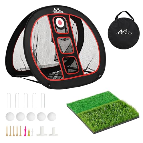 Red Golf Practice Net with Practice Mat, 10 x 7 ft Indoor Outdoor Hitting Net for Swing Training & Chipping