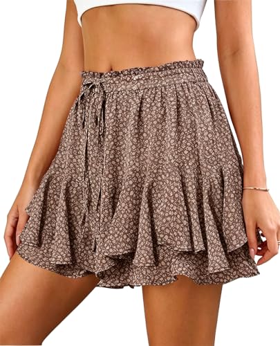 Women's Short Floral Butterfly Boho Chiffon Skorts - Medium Brown