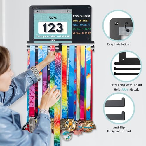 Medal & Bib Display Rack with DIY Chalkboard - Holds 40 Medals & 80 Bibs