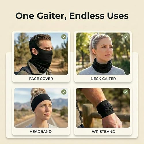 Open-Ear Neck Gaiter with UV Sun Protection - Cooling Nylon Fabric, 2 Pack - Black