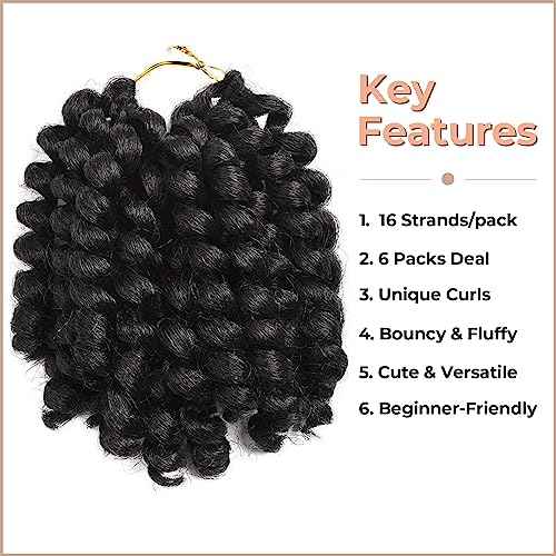 Toyotress Wand Curl Crochet Hair - 12 Inch 6 Packs Natural Black Jamaican Bounce Crochet Hair, Short Bob Curly Crochet Braids Bouncy Curls Synthetic Braiding Hair Extensions (12 Inch, 1B-6P)