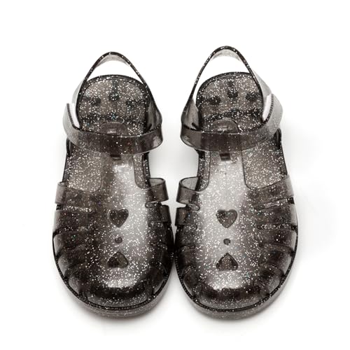 Girls Jelly Sandals Summer Costume Princess Dress Flat Breathable Waterproof Gladiator Shoes - Glitter Black, Little Kid 10.5