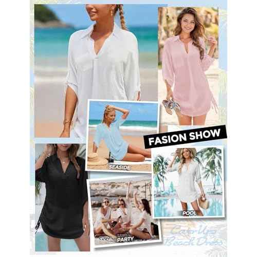 Swimsuit Coverup for Women, Drawstring Beach Bathing Suit Bikini Cover Up for Women, Sexy V Neck Beachwear Dress