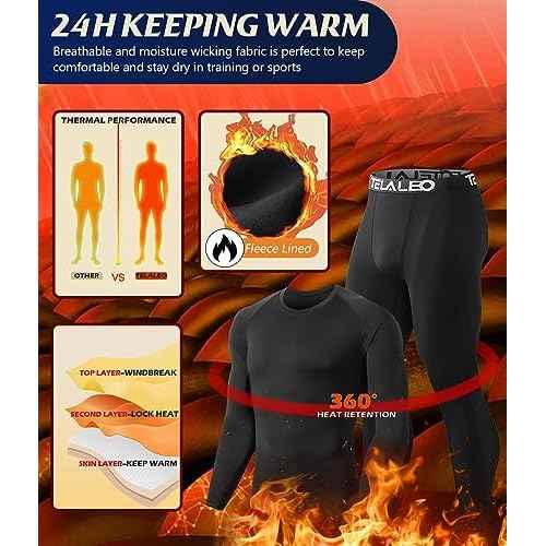 TELALEO 2 Set Mens Thermal Underwear Fleece Lined Long Johns 4 Pcs Base Layer Shirts Pant for Cold Winter Weather