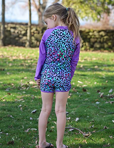 Girls 2-Piece Rash Guard Swimsuit Long Sleeve Tankini for 4-10Y - Leopard Purple, 6-7 Years