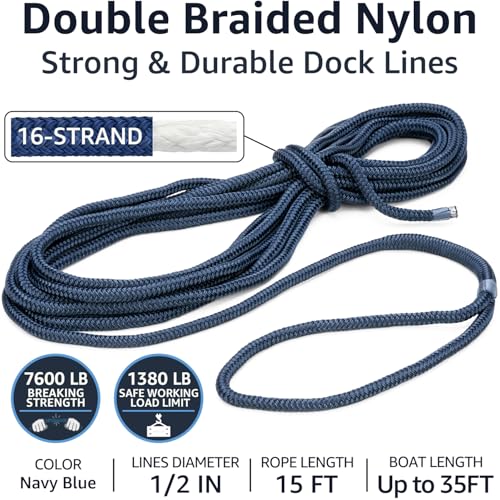1/2 Inch x 15 Feet Boat Dock Lines 4-Pack Nylon Marine Ropes - Heavy Duty, Soft & Durable