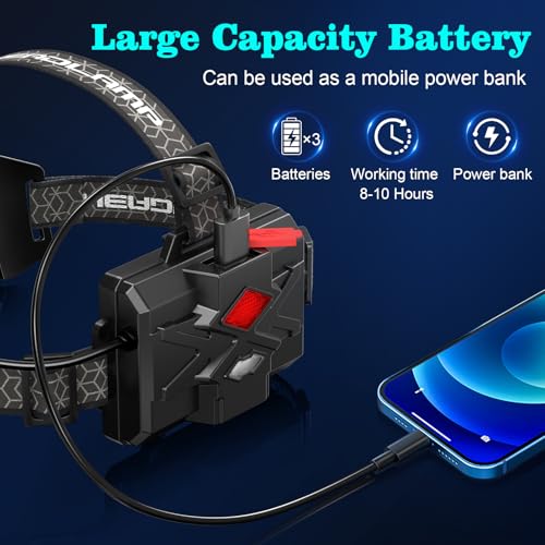 K KERNOWO LED Headlamp Rechargeable, Super Bright Head Lamp, Headlamp with Red Warning Lights, Head Lights for Forehead, Waterproof & Zoomable, 90¡Æ Adjustable Headlamps for Camping Hiking Car Repair