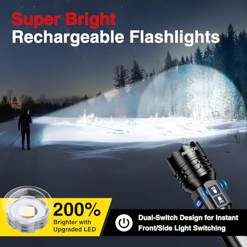 Rechargeable LED Flashlight 3600 Lumens, Dual Light, LCD Display, IP65 Waterproof
