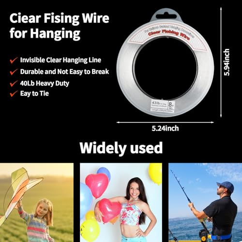 Clear Fishing Wire, 656FT Fishing Line Clear Invisible Hanging Wire Strong Nylon String Supports 40 Pounds for Balloon Garland Hanging Decorations