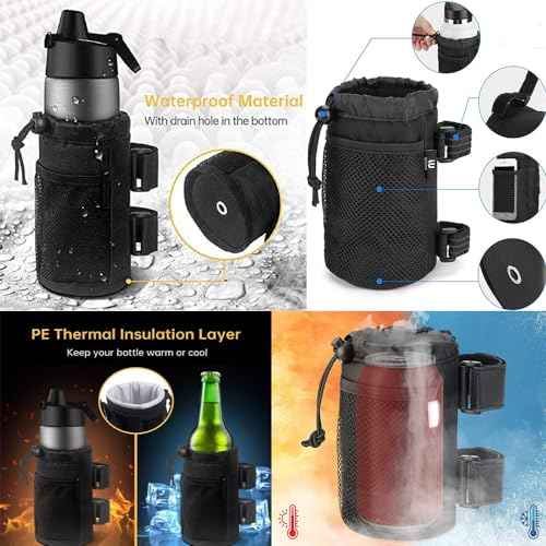 Cup Holder for Bike,Scooter and Wheelchair,Water Bottle Holder for Walker,Golf Cart and Beach,Universal Drink Holder Accessories with Net Pocket and Cord Lock (1 Piece,Black)