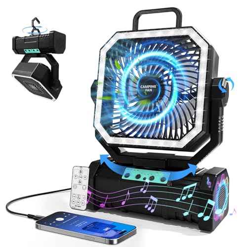 Camping Fan with Bluetooth Speaker Portable Fan,20000mAh Rechargeable Battery Powered Fans,Quiet 4-Speeds, 4-LED Light,360¡Æ Hanging Hook for Outdoor Picnic Tent Beach Travel Barbecue, Black