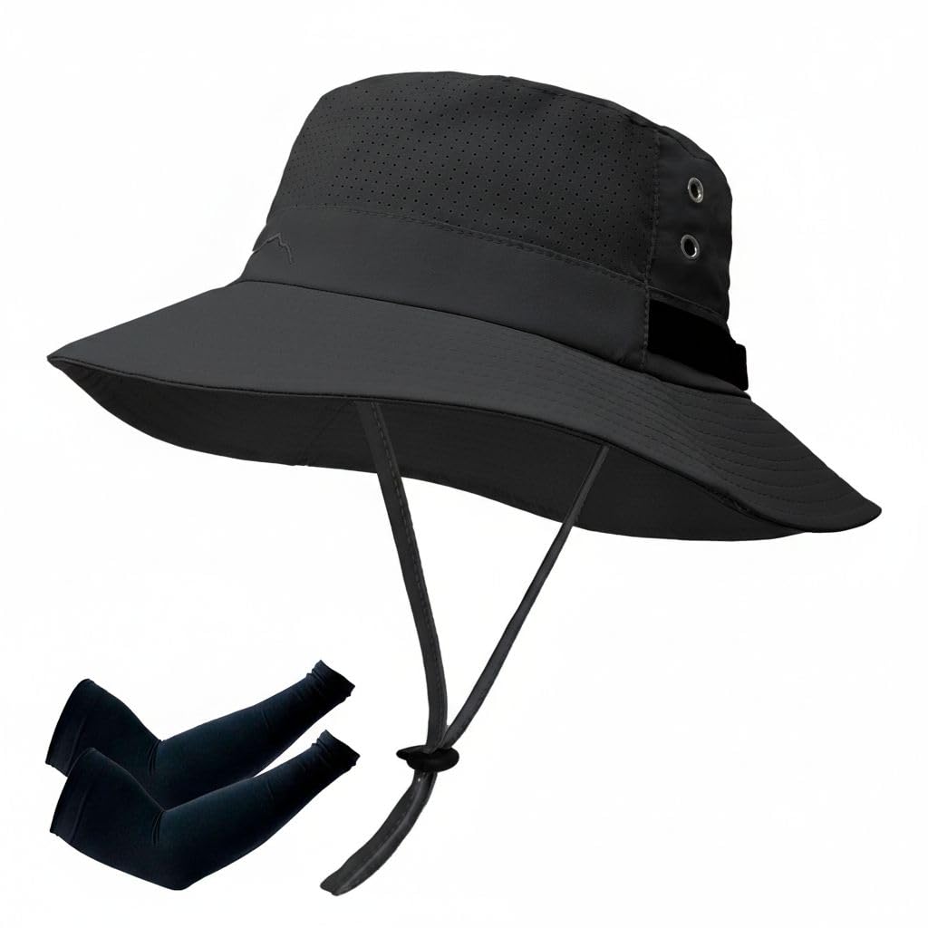 Sun Bucket Hat for Men Women Fishing Beach Safari Hats for Golf Hiking Hunting Outdoor UPF 50+ (with one Pair Cooling Sleeves-1pack-Black)