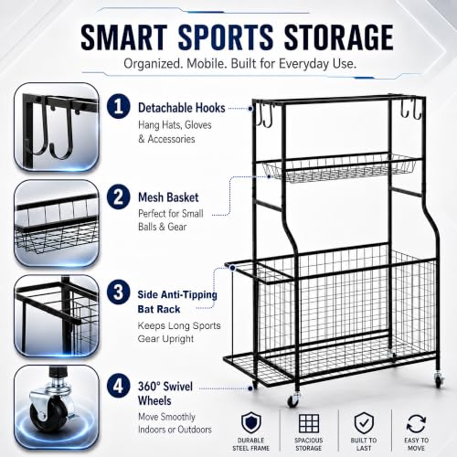 DuraMax Garage Sports Storage Rack with Wheels, Ball & Equipment Organizer