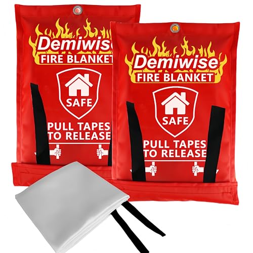 2-Pack Fire Blanket - Large Fiberglass Fire Blanket Fire Suppression Blanket - Fire Blankets Emergency for People - Fire Safety Blanket with Emergency Whistles - Fireblanket for Kitchen, Home