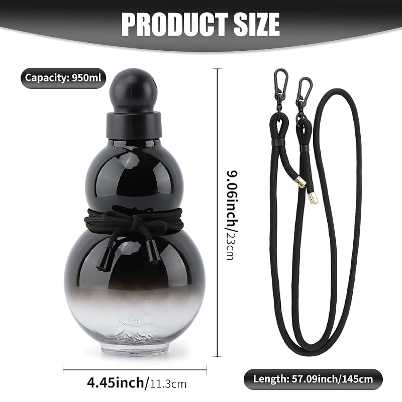 Retro Gourd-Style Water Bottle - Large Capacity, Durable PC (Black) - With Rope