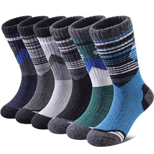 Yebing Kids Merino Wool Hiking Socks Boys Girls Toddlers Winter Warm Thermal Thick Cushion Boot Crew Gift Socks 6 Pairs