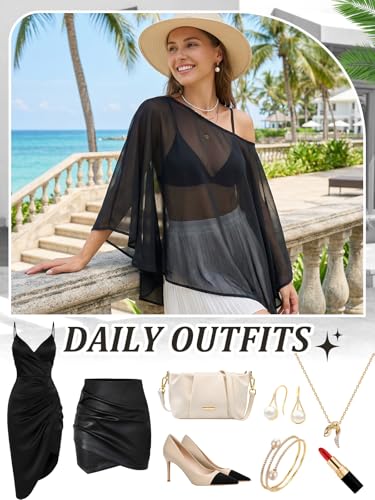 Women’s Chiffon Cape Mesh Sheer Poncho Top - Black, One Size Summer Beach Cover Up