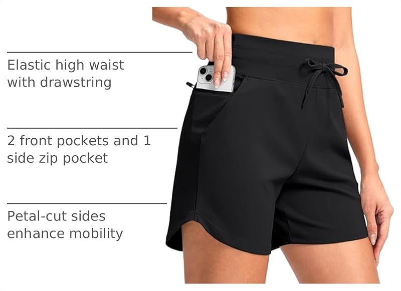 5" Athletic Running Shorts with Zip Pockets – High Waist, Quick-Dry, 19% Elastane (Variation: Black, Medium)