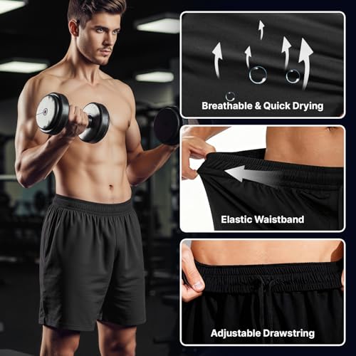 Men's Athletic Shorts 5 Pack - Large, Black & Blue, Gray, Quick Dry Workout & Running Shorts for Men