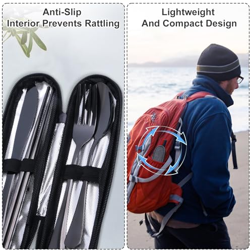Reusable Travel Utensils Set with Case, Premium Stainless Steel Flatware, Portable Silverware for Lunch, Camping, Picnic, Travel Fork and Spoon Set, To Go Utensils, Dishwasher Safe
