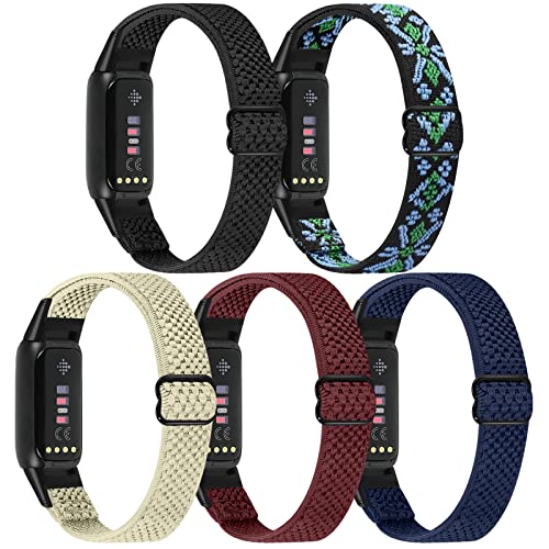 Elastic Nylon Replacement Wristbands for Fitbit Luxe Sport Loop 5 Pack - Black, Burgundy, Indigo, Blue, Beige