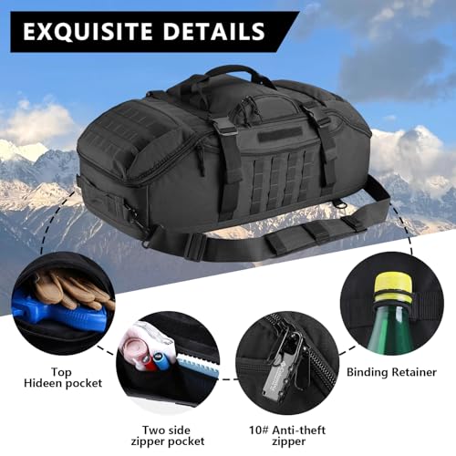 Hannibal Tactical 65L Large Duffle Bag - 3-in-1 MOLLE Backpack for Sports & Outdoor - Black