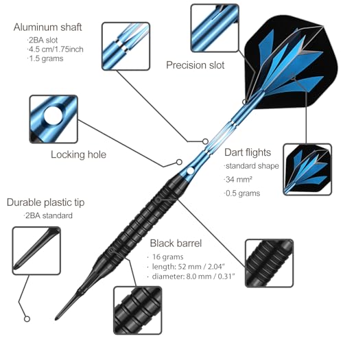 Blue Rainbow Soft Tip Darts Set 18g 21g with Aluminum Shafts & O-Rings - Electronic Dartboard