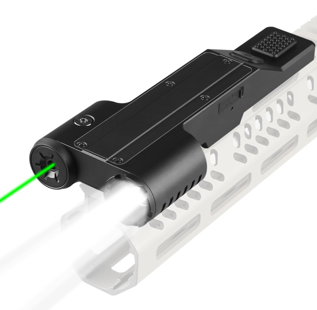 BeanPro Tactical Flashlights Green Laser Light and White LED Combo with Strobe Mode, 1600 Lumen Rechargeable Picatinny Rail Rifle Weapon Light