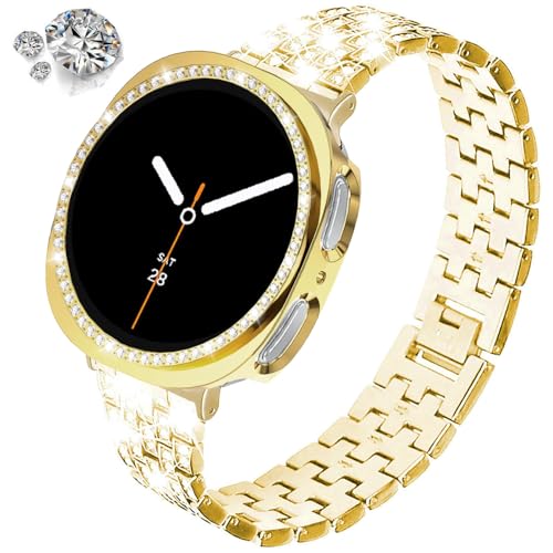 Galaxy Watch 8 40mm Gold Band & Case Set - Rhinestone Diamond Metal Bracelet with Protective Cover