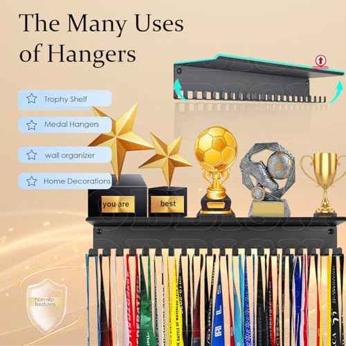 Metal Medal Hanger Display,Non-Slip Trophy Shelf with 20 Hooks,Wall Mount,Heavy Duty,Non-Bent,Holds 22-33lbs,for Gymnastics,Race,Soccer,Swim