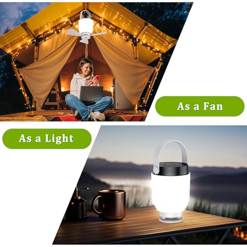 2-in-1 Camping Fan with Lantern - White, Remote Control, Rechargeable