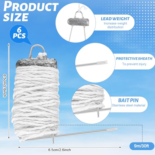 6 Pack 30ft Weighted Crab Lines with Lead Weights for Crabbing - Perfect for All Ages