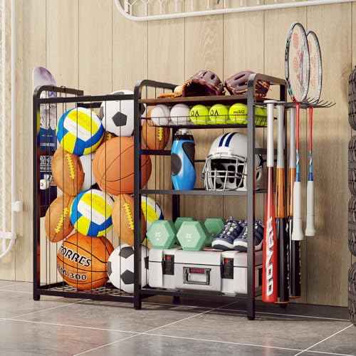 Garage Sports Equipment Organizer, Ball Storage for Gear and Toys, Large Capacity, Sports Organizer for Garage with Hooks and Baskets, for golf, Football, Soccer Ball, Bat