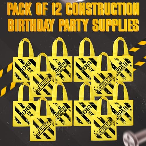Construction Birthday Party Tote Bags 12-Pack Kids Goodie Gift Bags - Yellow Mini Construction Theme