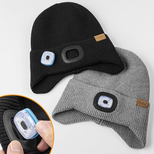 Etsfmoa Hat with Light for Men and Women,Fleece Lined Beanie with Earflaps,Type c Rechargeable LED Caps