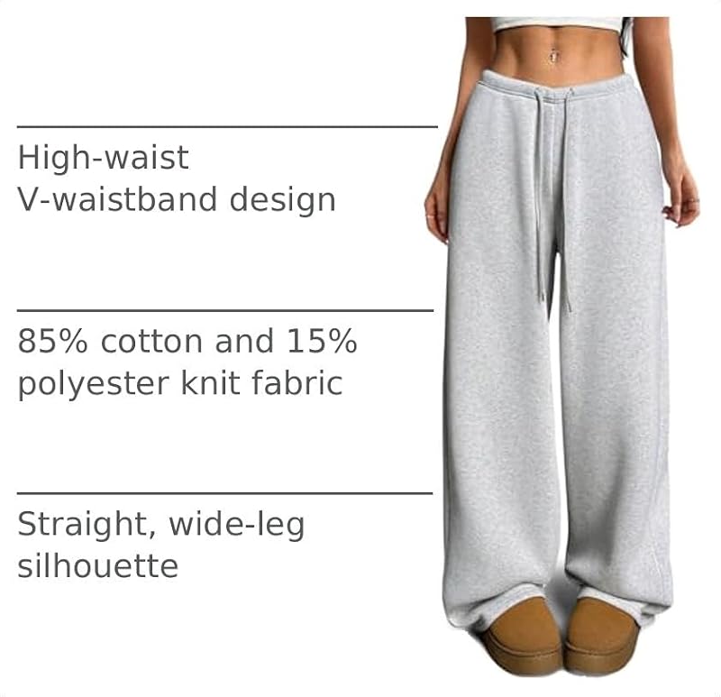 Women's Fleece Lined Sweatpants - V-Waist Wide Leg Baggy Pants Grey Medium