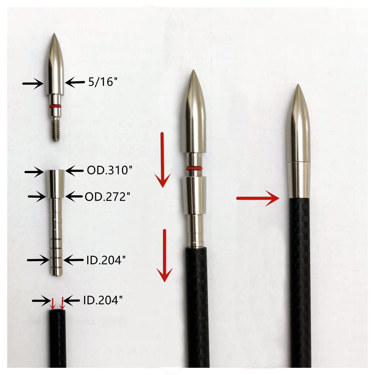 ZOEKO Stainless-Steel Arrow Inserts Suitable for ID .204" .244" Carbon Arrows, Suitable for 5/16" Field Points, Cuttable from 35-200 Grain (A Dozen)