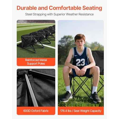 VEVOR Portable Folding Bench, 6 Seat Soccer Bench with Multiple Storage Pockets & Carrying Bag, Lightweight Sideline Seating with Back Rest for Football, Baseball, Camping, Outdoor Events, Black