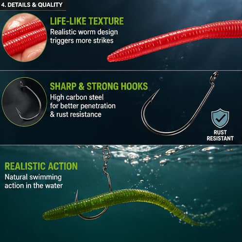 50PCS Fishing Worm Lure Kit with Hooks & Swivels - Soft Plastic Bass Baits