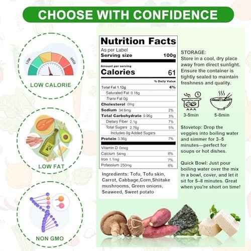 15oz Dehydrated Ramen Toppings Mix with Freeze-Dried Tofu ? 9 Dried Veggies Including Seaweed, Cabbage, Corn ? High Protein, Low Calorie, All-Natural Ramen Mix ? Emergency Food & Camping Meal